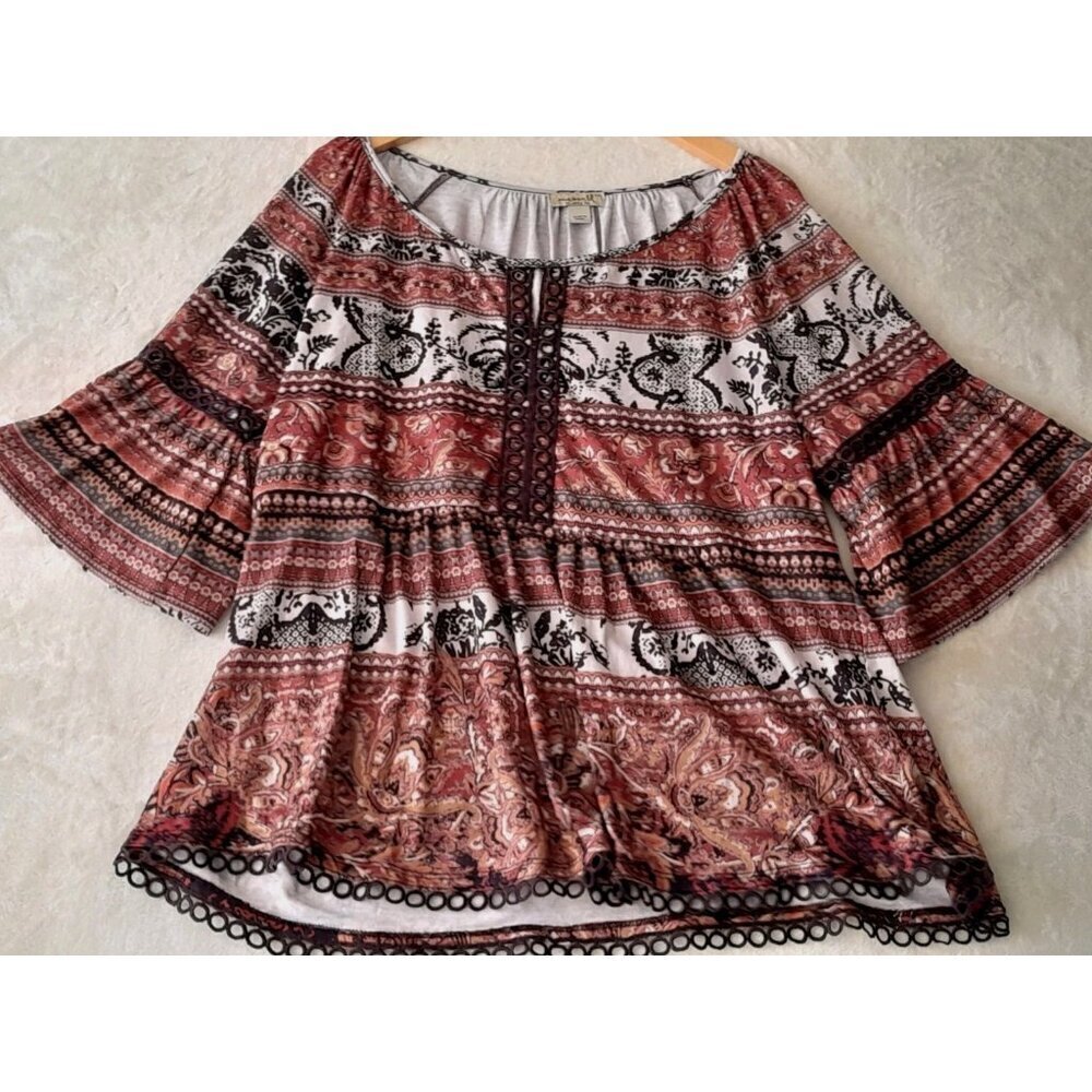 One World Top Boho Crochet Accent Flared Sleeve Paisley Flowy Casual Size 1X